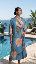 Load image into Gallery viewer, Isla Botanica blue kaftan wrap detail view
